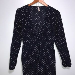 Long Sleeve Deep Blue Polka Dot Romper Dress w/ Pockets